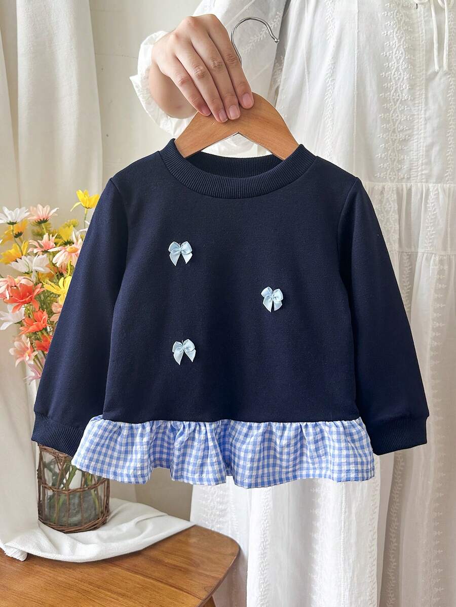SHEIN 女嬰時尚刺繡蕾絲下擺印花運動衫 秋季