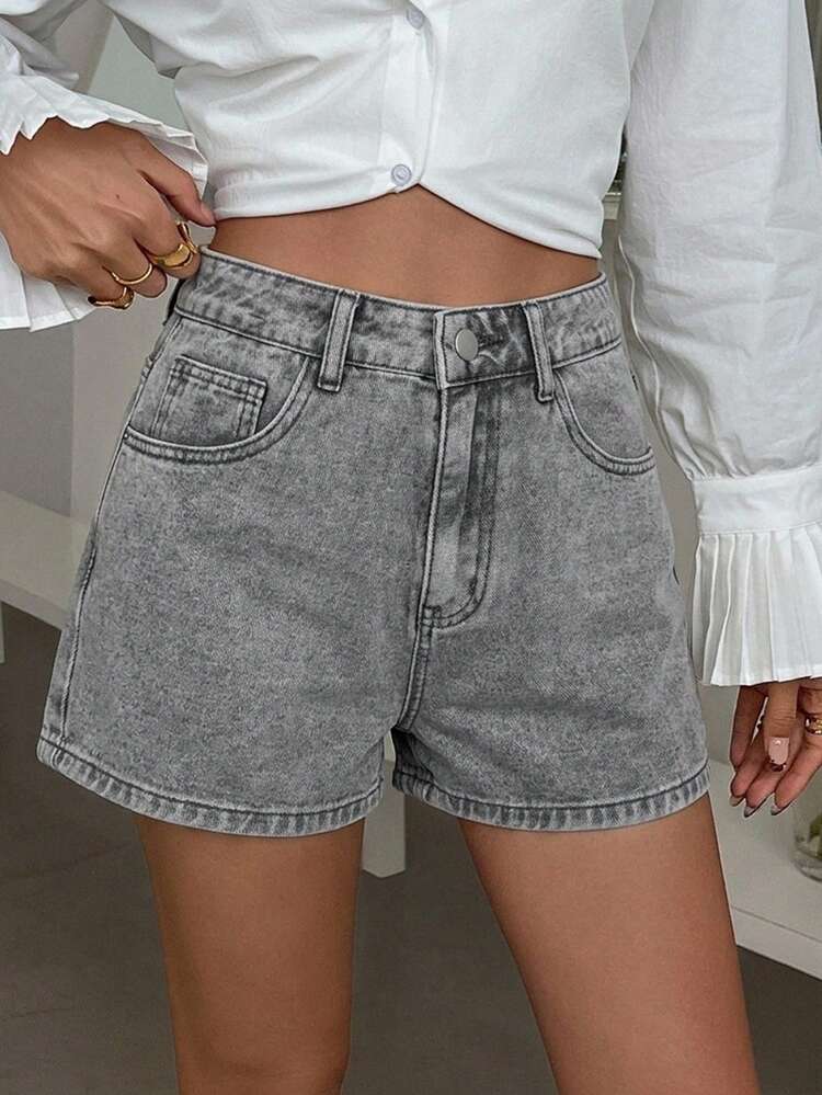 DAZY Pantalones cortos casuales de unicolor lavados para mujer primavera/verano - Gris Claro - Añade 4