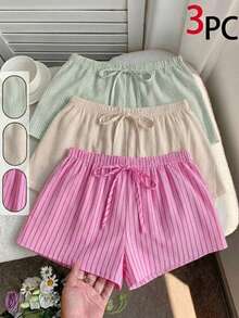 Comfortcana 3pcs/Set Comfortable Home Shorts Suitable For Summer Date Night Green Striped Beige Pink Stripe Casual - Multicolor - View 5