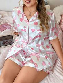 Slumberry CURVE Plus Size Sweet Cute Ins Strawberry Bow Fruit Print Lapel Button-Up Satin Pajama Short Sleeve Shorts Set - Multicolor - View 1