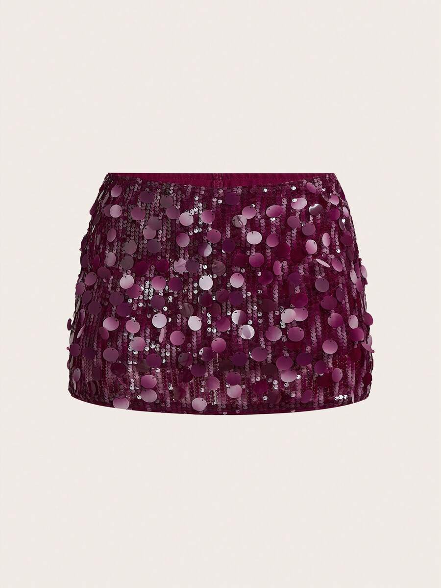 SHEIN ICON 銀色低腰亮片裝飾貼身迷你裙 - 酒紅色 - 查看 1