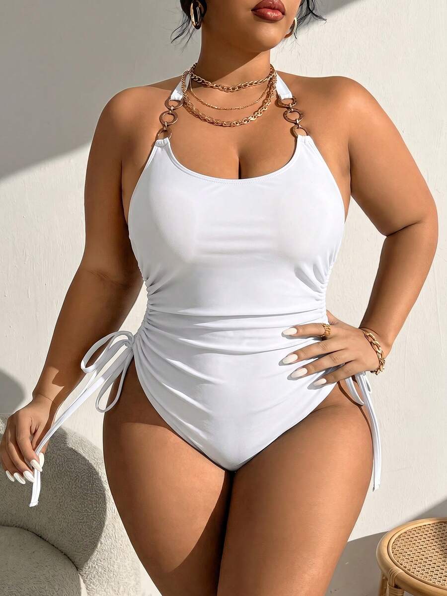 Swim Vcay Traje de baño de una pieza con cuello halter y cadena de metal de unicolor para mujer talla grande para vacaciones - Blanco - Ver 1