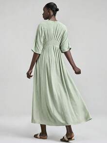 Ontre 2026SS Women's Comfortable Skin-Friendly Linen Fabric Fitted Silhouette Raglan Sleeve Waist Pleated Flared Bow Elegant Wedding Vacation Guest Outfit - Green - View 2
