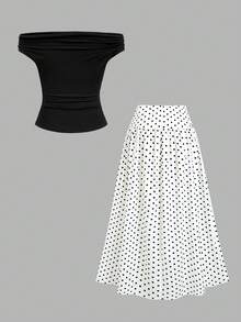 Sweetra Fashion Elegant Vintage Shoulder Top With Waist-Defining Polka Dot Skirt, Minimalist French Style Commuter Outfit, Spring/Summer Versatile New Women's 2-Piece Set - Black and White - View 3