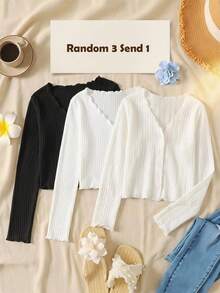 SHEIN Jaket Kardigan Putih Rajut Bergaris Leher V dengan Hiasan Ruffle untuk Remaja Perempuan Musim Gugur/Dingin, Cocok untuk Kembali ke Sekolah, dan Pakaian Serasi Ibu dan Anak. - Putih - View 2