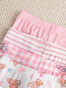 SHEIN 女嬰 0-3歲 夏季&秋季 休閒可愛風格 4件組 簡單外出套裝，條紋印花褲&熊圖案白色布料褲&熊圖案粉色布料褲&熊圖案格紋布料褲。舒適衣物適合戶外活動 - 彩色 - 查看 4