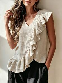 Zayélia Blusa casual versátil y elegante de uso diario, holgada, con cuello en V, gran volantes en el borde, sin mangas, para mujer, primavera-verano - Albaricoque - Ver 3