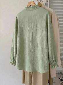SHEIN CURVE+ 大尺碼女款休閒度假通勤日常純色荷葉邊V領寬鬆襯衫，春/秋季 - 綠色 - 查看 6