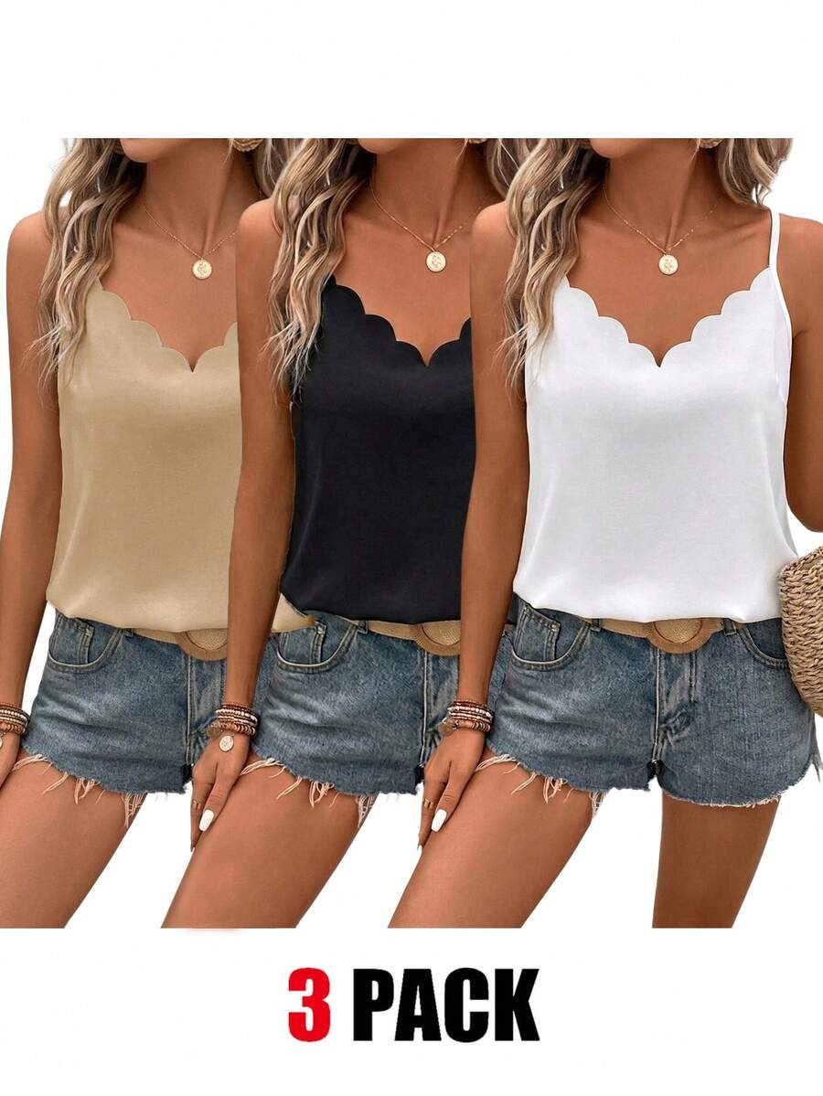 SHEIN Frenchy 女款素色圓弧下擺休閒百搭細肩帶背心上衣 - 彩色 - 查看 1