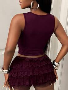 BamGleam Summer Sexy Hollow Out Lace Tank Top Club Night Burgundy - Burgundy - View 2
