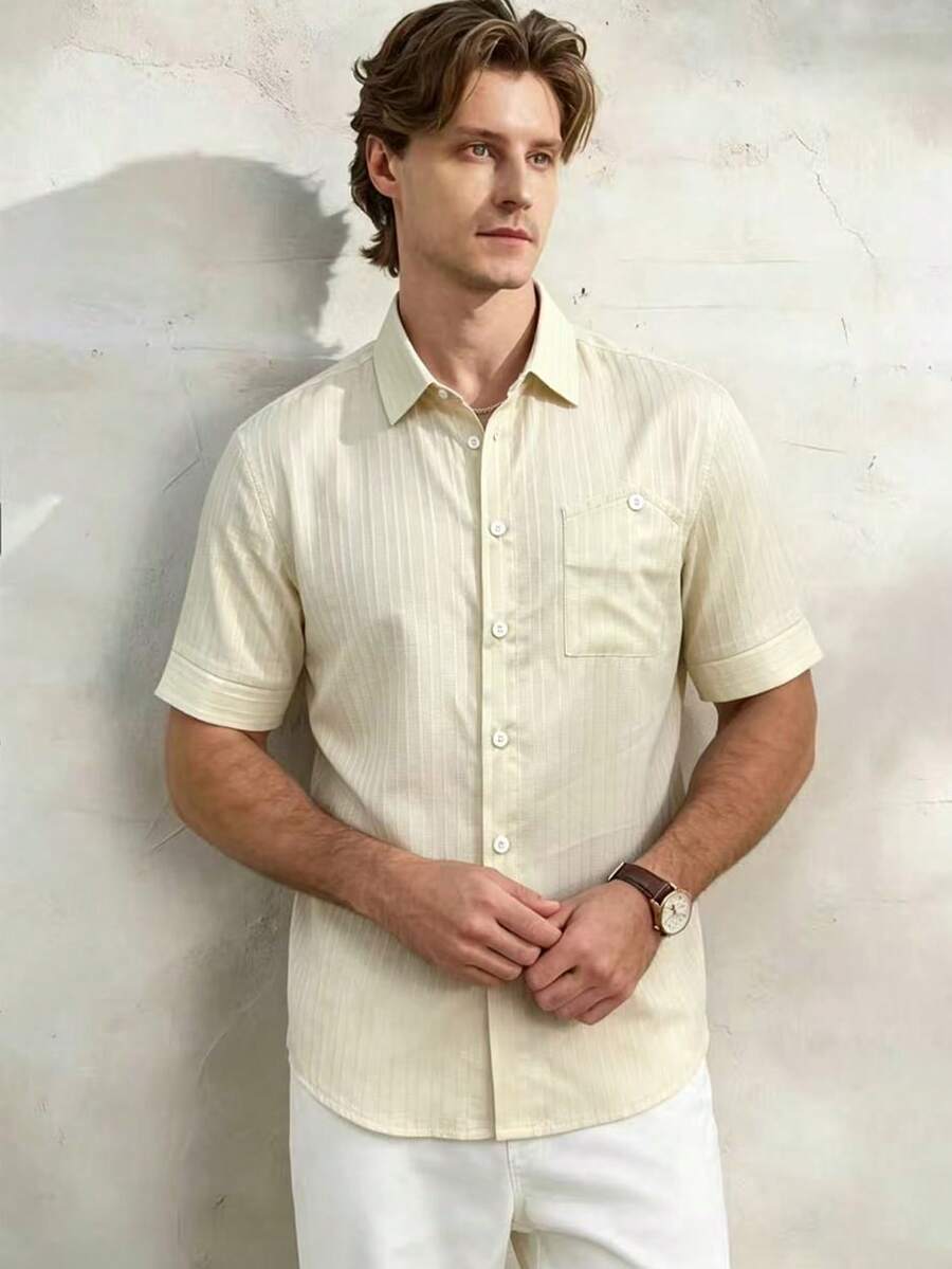 TONEVAULT Summer Casual Men's Loose Short Sleeve Shirt - Apricot - View 1