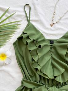 Soleia Romper Wanita Warna Polos dengan Tali Ruffle - Hijau - View 3
