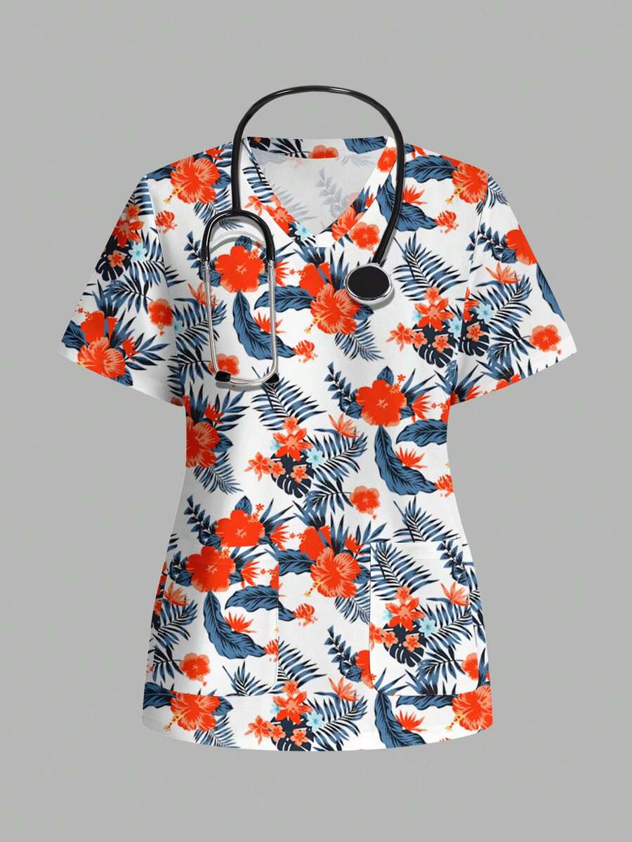PopScrub Women's Vacation Palm Leaf Floral Hibiscus Pattern Scrub Uniform Top - Multicolor - View 1