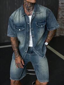 DAZY Blue Washed Denim Short Sleeve Top And Shorts Set For Men - Blue - View 9