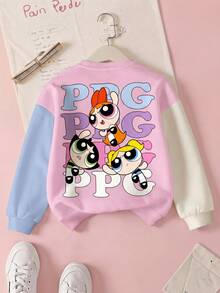 THE POWERPUFF GIRLS X SHEIN 青少年女孩休闲日常通勤可爱拼色花朵、泡泡、毛茛图案插肩宽松羊毛运动衫，秋冬 - 白色 - 查看 1