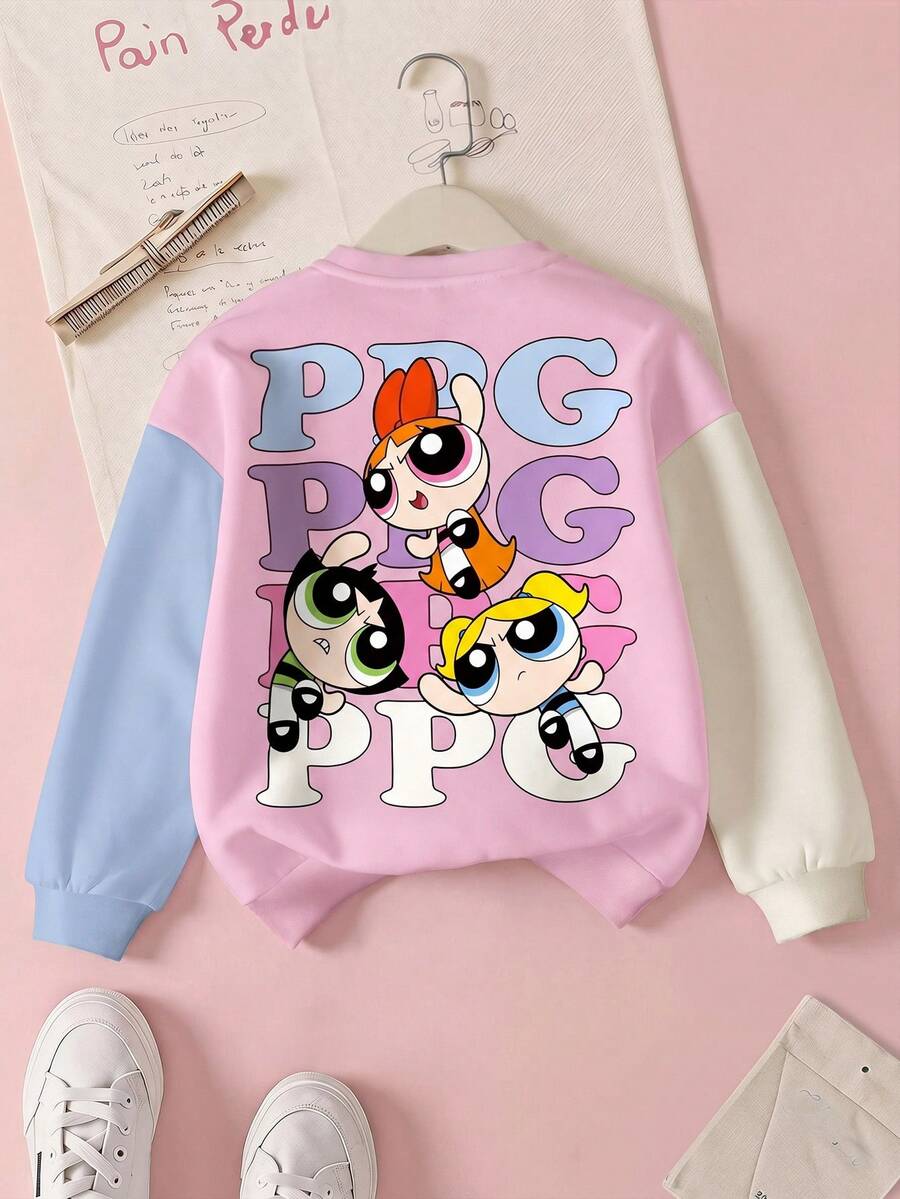 THE POWERPUFF GIRLS X SHEIN 青少年女孩休闲日常通勤可爱拼色花朵、泡泡、毛茛图案插肩宽松羊毛运动衫,秋冬 - 白色 - 查看 1
