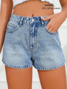 SHEIN Frenchy Summer Casual Washed Slant Pockets Denim Shorts - Light Wash - View 1