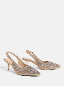 CUCCOO TILAWA Women's Fashion Electroplated And Glass Rhinestone Pointed Silver Women's High-Heeled Shoes, Suitable For Going Out, Banquets, Parties And Other Activities - Champagne - View 4