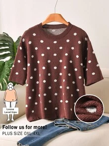 CosyJoli Plus Size Elegant French Polka Dot Minimalist Casual Pullover Top, Suitable For Commuting Fall/Winter - Brown - View 5