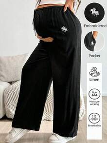 SHEIN Spring Women, Fall ,Autumn ,Maternity Autumn Casual Versatile Commuting Embroidered Detail Pants Comfy Pants Pregnancy Pants ,Linen Pants - Black - View 1