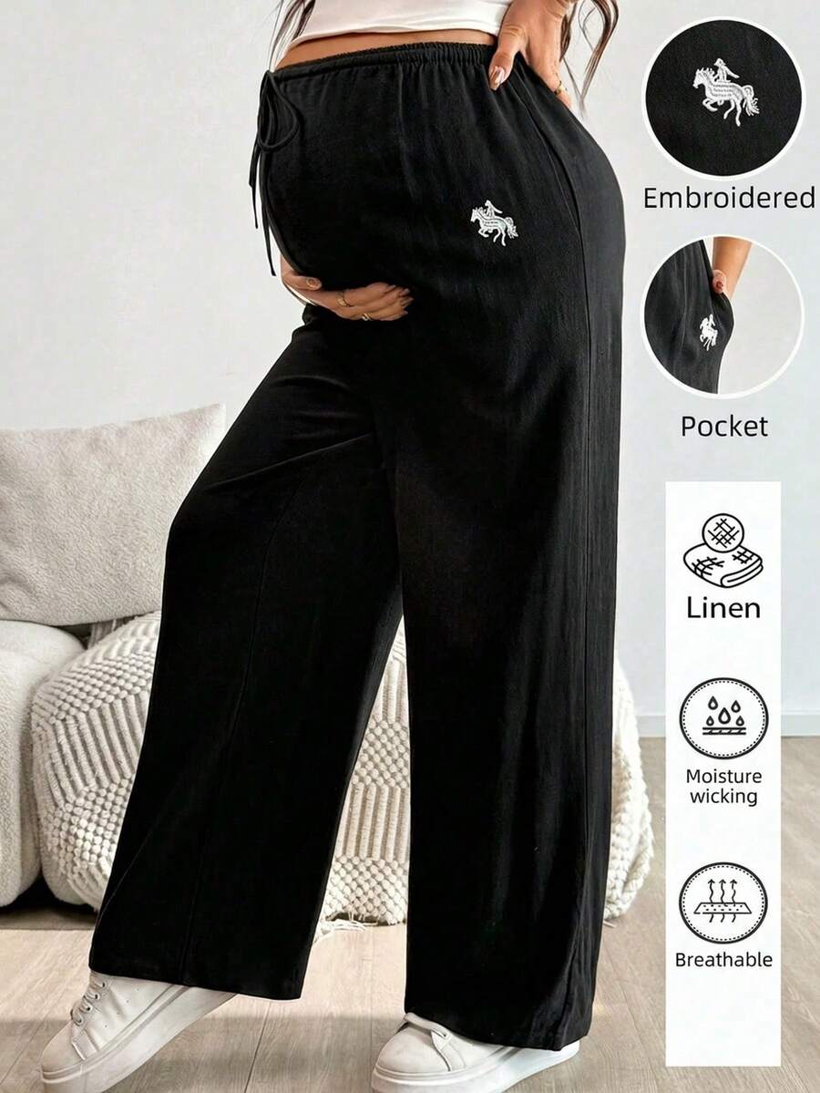SHEIN Spring Women, Fall ,Autumn ,Maternity Autumn Casual Versatile Commuting Embroidered Detail Pants Comfy Pants Pregnancy Pants ,Linen Pants - Black - View 1