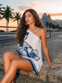 CAJUNI Women's Floral Print One Shoulder Casual Date Party Mini Dress - Blue and White - View 5