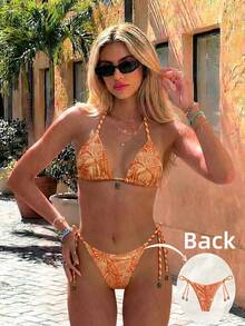 Swim Vcay Set Bikini 2 Potong Vintage Springbreak Wanita Motif Acak Tali Bahu Tipis Dekorasi Logam Musim Panas - MultiWarna - View 1
