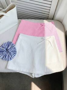 SHEIN 少女編織素色條紋修身休閒短褲 2 件組 - 粉色 - View 2