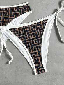 SHEIN Swim 女款兩件式三角比基尼套裝，熱帶可愛滾邊多色印花掛脖三角上衣 & 可愛三角泳褲，熱銷海灘度假休閒優雅情人節派對比基尼套裝，女款假期優雅海灘穿搭泳裝 - 彩色 - 查看 5