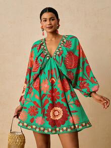 Travachic Vestido mini de manga larga con cuello en V y estampado para mujer talla grande, adecuado para vacaciones estilo bohemio, estampado floral pequeño verde y varias ocasiones incluyendo Año Nuevo, fiesta de Navidad, Acción de Gracias, fiesta elegante, boda, etc. - Verde - Ver 6