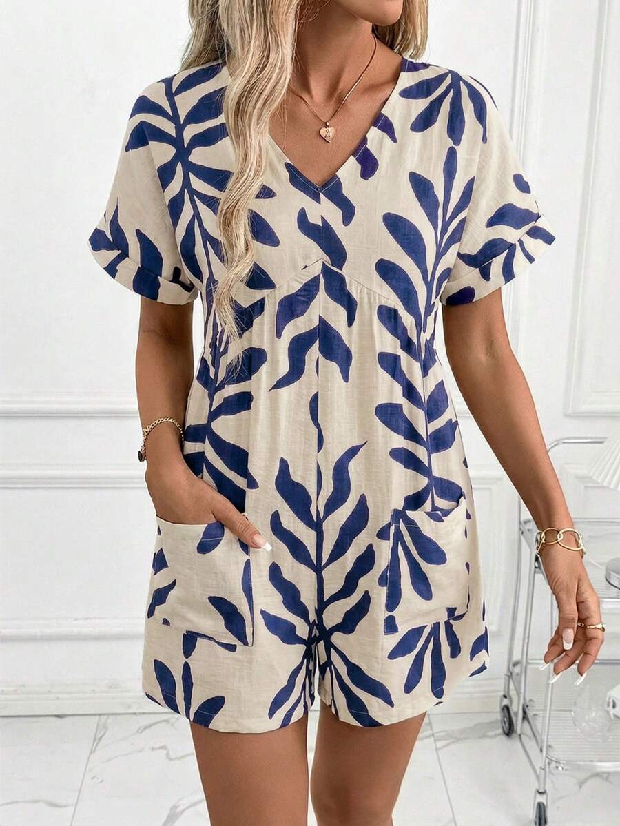 SHEIN Clasi Women's V-Neck Leaf Print Casual Everyday Outing Romper - Blue - View 1