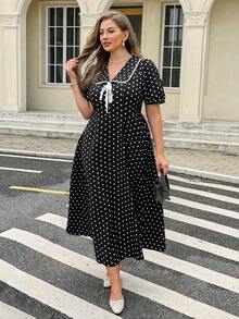 Easura Plus Size Women's Summer Elegant Casual Design Black And White Lace Patchwork Lapel Short Sleeve Bow Tie Waist Cinched Long Dress Tea Party Evening - Black - View 6