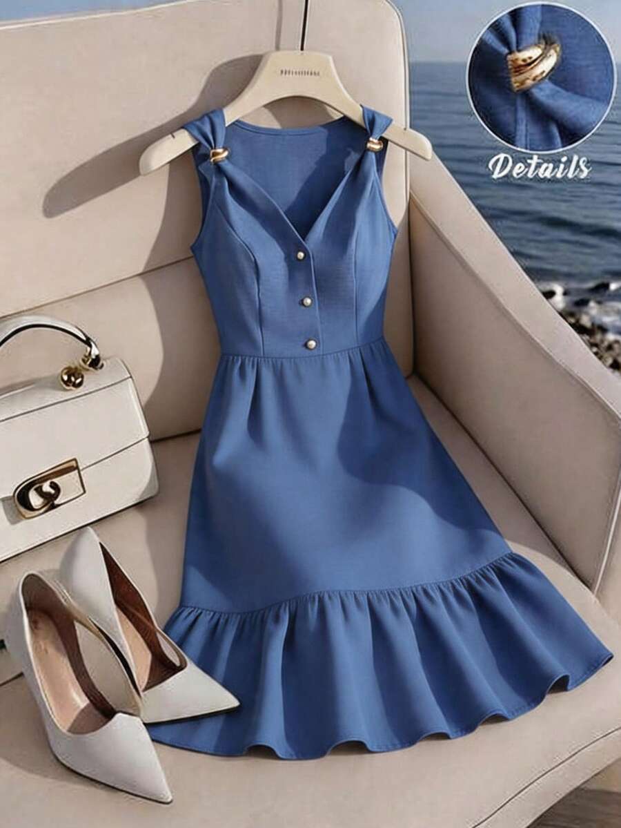 Gownix Women's Sleeveless Decorative Button Waist-Cinched Ruffle Elegant Dress Garden Party Aqua Blue Summer - Blue - View 1