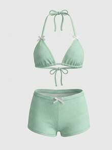 Sweetra Women's Sweet Plaid Textured Triangle Cup Bralette And Briefs Bikini Set For Summer Beach Vacation - Green - View 1