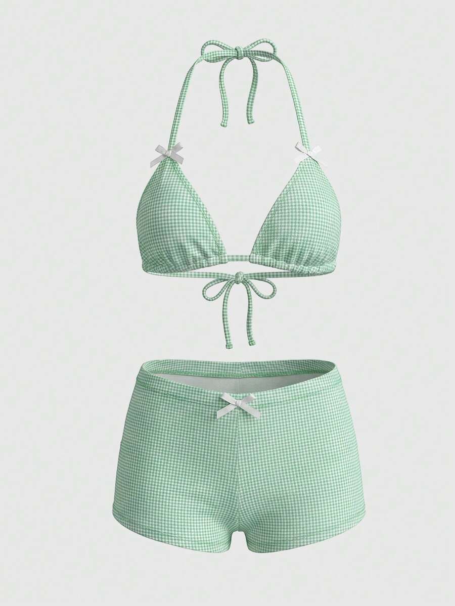 Sweetra Women's Sweet Plaid Textured Triangle Cup Bralette And Briefs Bikini Set For Summer Beach Vacation - Green - View 1