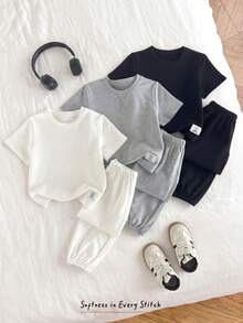 SHEIN 兒童 Young Bo 極簡百搭丹寧圓領短袖T恤與寬鬆長褲3件套 6件/包 - 灰色 - 查看 10