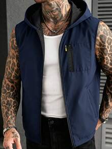 Manfinity Homme Men's Casual Solid Color Zip-Up Hooded Vest For Summer - Blue - View 4