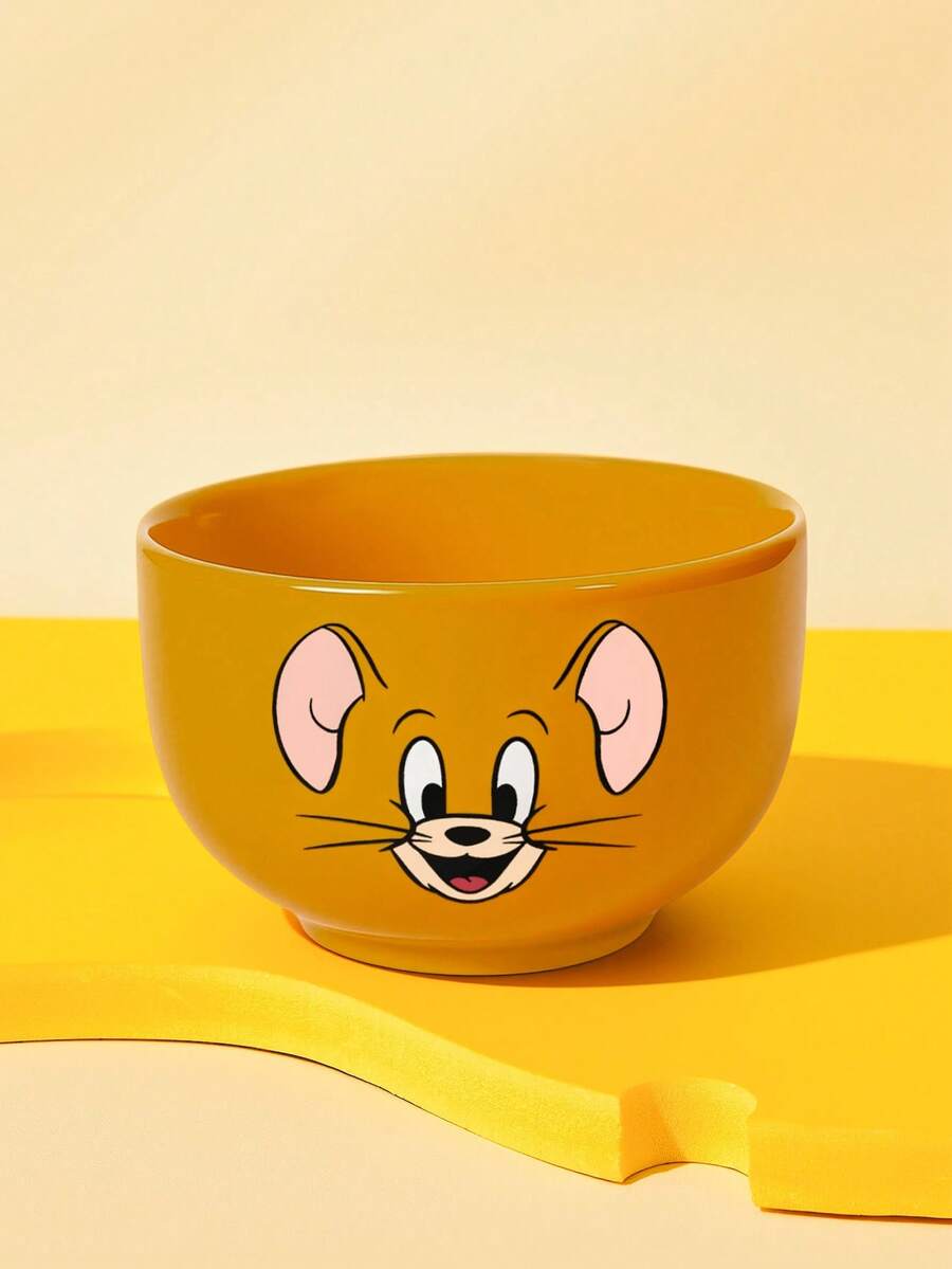 TOM & JERRY X SHEIN 經典貓鼠主題陶瓷碗,可愛角色印花穀物碗,沙拉/湯碗,適用於早餐與日常使用 - 黃色 - 查看 1