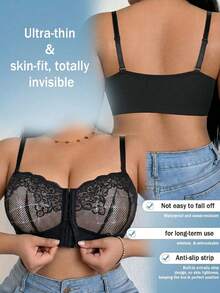 DesireSculpt 1pc Plus Size Black Wireless Lace Front Closure Supportive Bra - Black - View 5