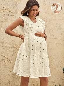Boho Mama Vestido de maternidad y lactancia con textura de lunares y bajo con volantes - Albaricoque - Ver 7