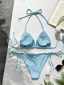 Swim Mod Women's Summer Halter Neck Triangle Cup Side Tie Sexy Dual Fabric Bikini Swimsuit For Beach Vacation - Baby Blue - View 2