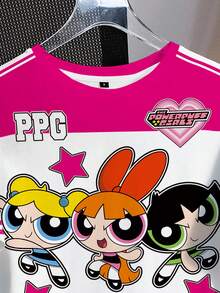THE POWERPUFF GIRLS X SHEIN 女士撞色花朵、泡泡、毛茛图案圆领短袖T恤 - 白色 - 查看 3