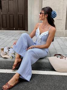 Serisse Women's Striped Tassel Design Casual Daily Outing Camisole Jumpsuit - Blue and White - View 4