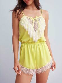 Elorette Women's Lace Bow Decor Pleated Casual Girly Daily Pajama Camisole Romper Home Light Green Summer - Yellow - View 5