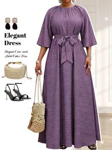 Fleurora Plus Size Women's Round Neck Raglan 3/4 Sleeve Casual Dress Fall - Purple - View 5