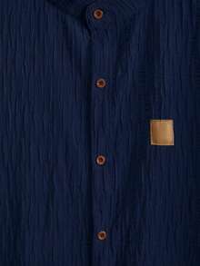 Manfinity Homme Men's Single-Breasted Patchwork Short Sleeve Solid Color Shirt - Navy Blue - View 4