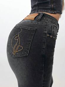 BABYPHAT Plus Size Capri Denim Jeans With Cuffed Hem, Embroidered Logo Pocket, Acid Wash Stretch Fit - Black - View 5