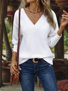 EMERY ROSE Women's Casual Solid Color V-Neck Long Sleeve T-Shirt Fall Cloth For Women - White - View 1