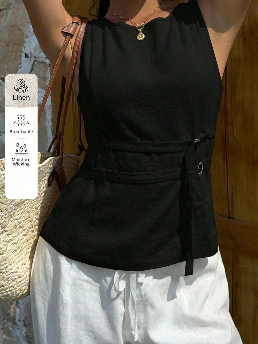 SHEIN EZwear Top sin mangas de tejido negro para mujer, verano - Negro - Ver 1