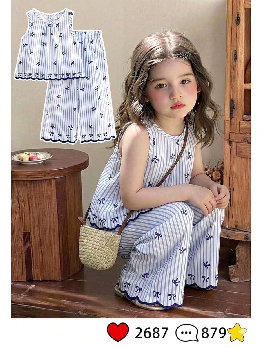 SHEIN Vintaside Kids 少女夏季黑白簡約優雅風直條紋花卉刺繡無袖上衣與寬腿褲套裝,適合日常出遊、休閒旅遊、校園穿搭、派對活動及拍照穿搭 - 藍色 - 查看 1